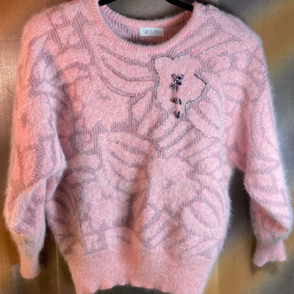 Vintage 80’s pink beaded angora luscious pink sweater. Size S 42” chest. 131‎